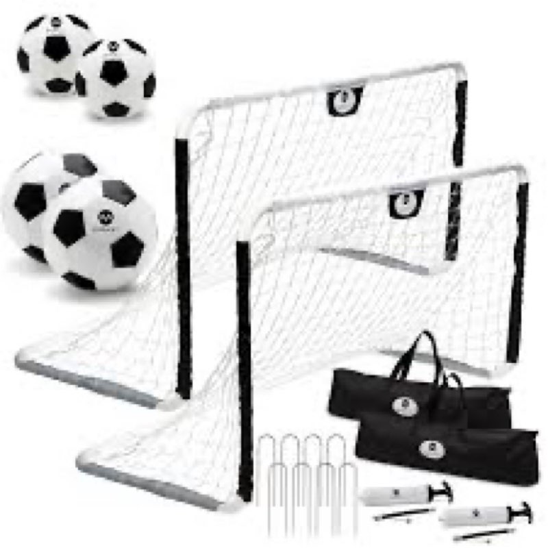 Morvat Kids Soccer Goal Set for Backyard with Metal Poles, 2 Sets of 48”x30” Nets, 4 Soccer Balls, 2