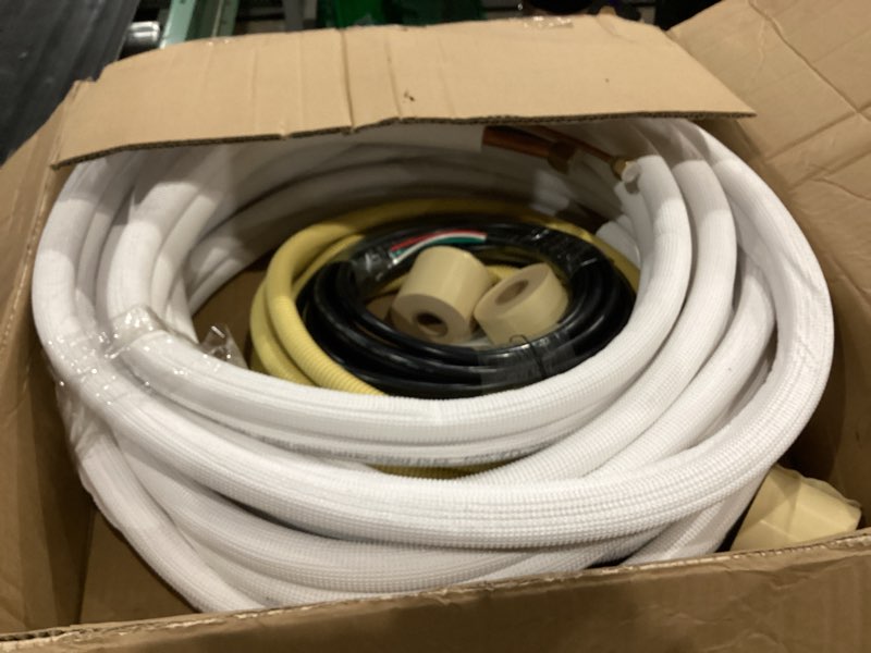 Condition photo showing As Is for 33ft mini split line set 1/4*1/2 od hvac copper tube pipe extension,3/8 thickened pe insulation coil air conditioner twin copper line heating equipment hose with flared nuts (33ft (1/4+1/2) with wire)