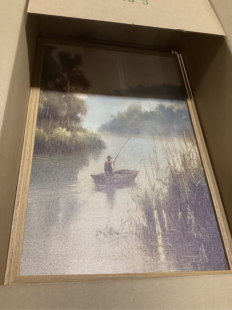 Condition photo showing Good Condition for wood framed vintage fishing wall art, country fisherman landscape canvas wall decor paintings, retro country farmhouse posters prints pictures for boy room bedroom living room home decor 16x24 inch fishing framed 24"l x 16"w