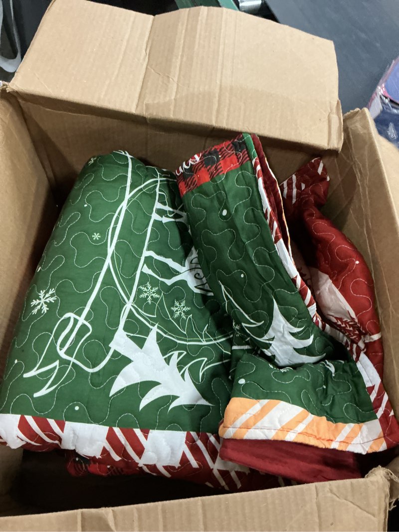Condition photo showing As Is for whale flotilla christmas quilt twin size, soft boho patchwork bedspreads for bed reversible lightweight twin quilt bedding set coverlets with 1 pillow sham for all seasons, happy christmas happy christmas twin(68"x88")