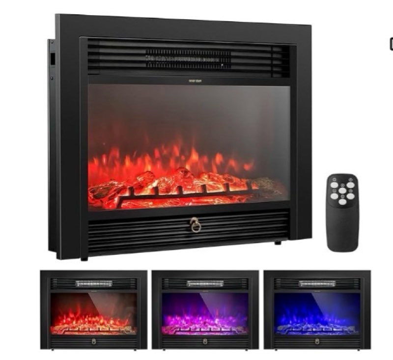 costway electric fireplace inserts 28.5-inch wide, 750w/1500w wall recessed and freestanding fireplace with 3 flame colors, 5 brightness settings, 8h timer, remote control, heater for indoor use