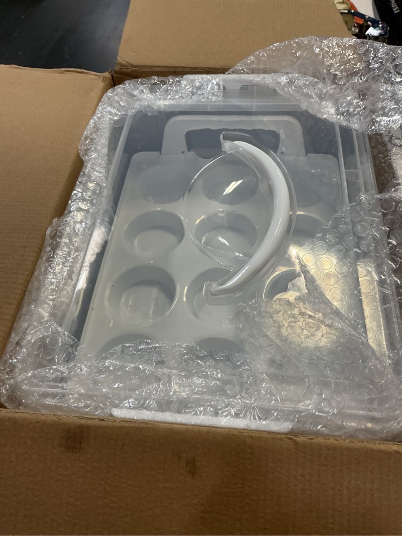 Condition photo showing As Is for DuraCasa Cupcake Carrier, Cupcake Holder - Premium Upgraded Model - Store up to 36 Cupcakes or 3 Large Cakes - Stacking Cupcake Storage Container - Cookie, Muffin or Cake Carrier (White, Three Tier)