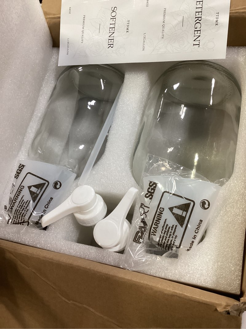 Condition photo showing Good Condition for 2 pcs glass liquid laundry detergent dispenser, half gallon laundry soap dispenser for laundry room (64 oz. each), laundry detergent bottles with pump dispenser -includes labels, funnel, measuring cup 64oz