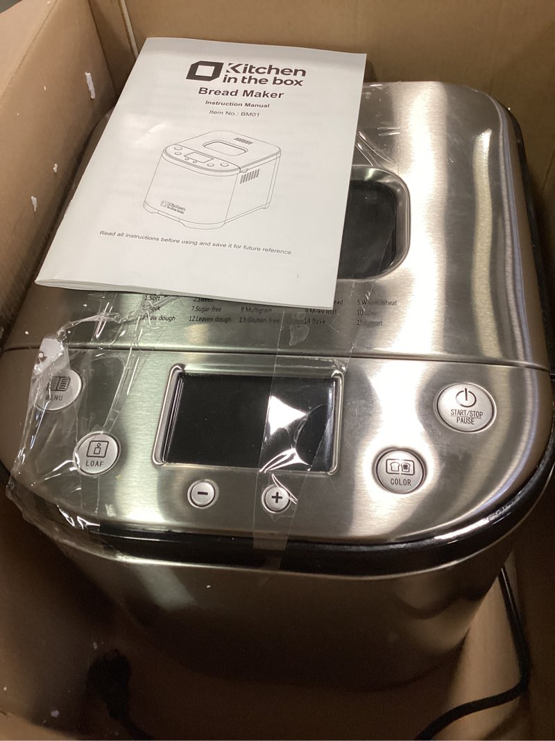 Condition photo showing As Is for Kitchen in the box 15-in-1 Bread Machine, 2LB Stainless Steel Automatic Bread Maker with Recipes-Silver