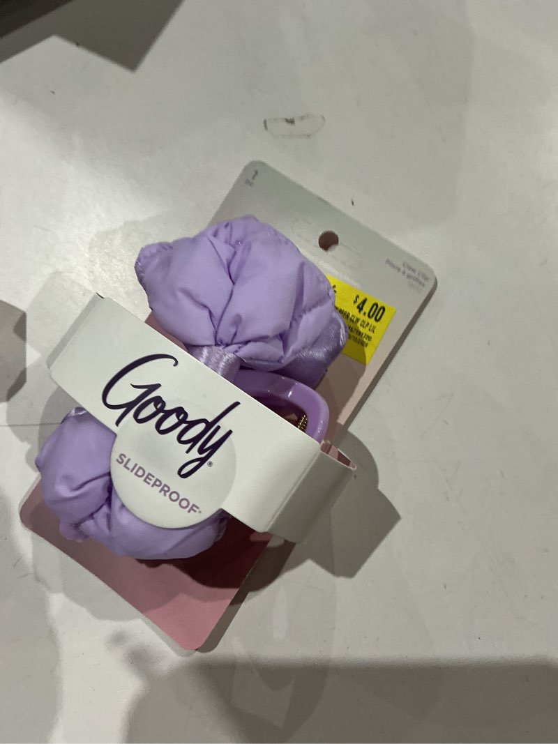 Condition photo showing Good Condition for goody luxe puffer bow, frosty lilac, quilted slideproof hair claw clip