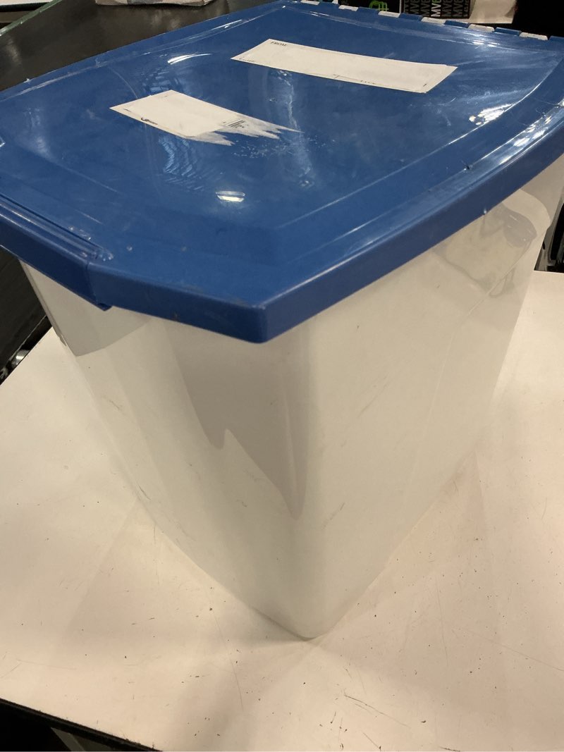 Condition photo showing Good Condition for extra-large 50-pound plastic storage container with locking lid – airtight pet food bin for dry dog & cat kibble, multi-use pantry organizer for bird seed, cat litter & garage supplies