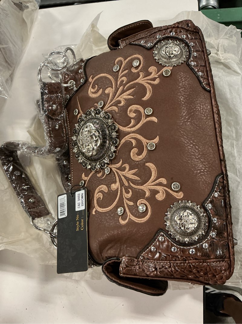 Condition photo showing New/Like New for western conch with rhinestone embellishments shoulder bag in brown