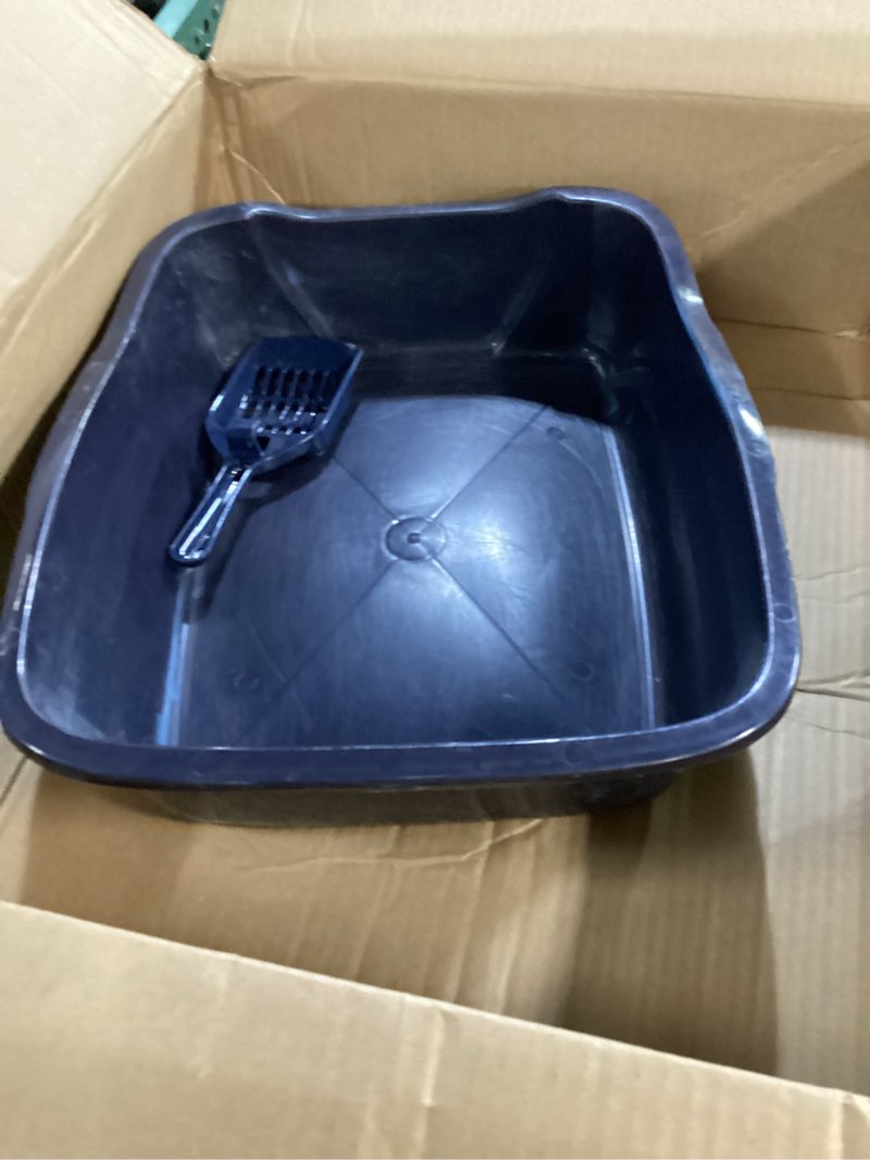 Condition photo showing As Is for (incomplete ) iris usa cat litter box, litter box enclosure with scoop, split hood and front door flap, covered kitty litter box for privacy, portable, easy to clean, navy navy 2 piece set