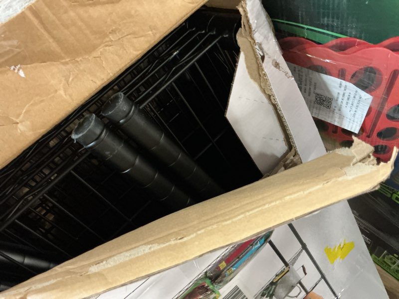 Condition photo showing As Is for hyper tough 5-tier wire storage shelves, 36" w x 16" d x 72" h, 1750 lb load capacity, black