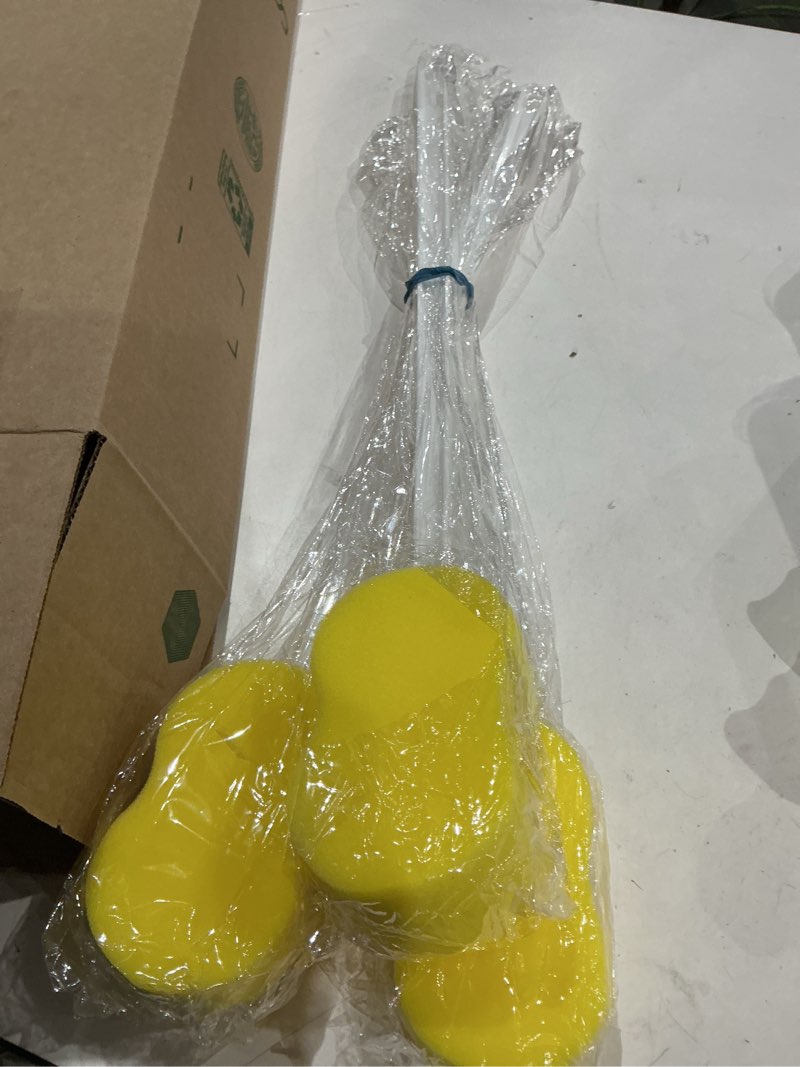 Condition photo showing Good Condition for 4-inch long handle sponge, back sponge on a stick, body brush, foot and body limited movement cleaner, 3 pieces (yellow)