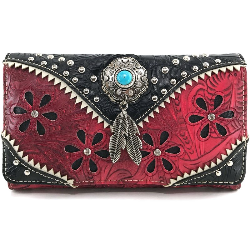 turquoise concho feather floral crossbody western trifold wallet for women