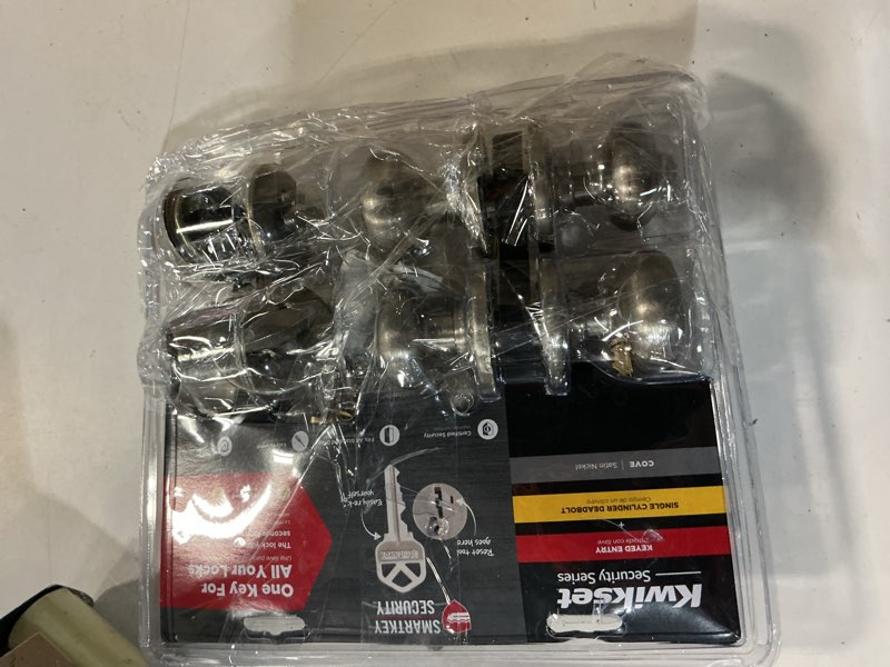 Condition photo showing Good Condition for kwikset smartkey security classic satin nickel entry knob and single cylinder deadbolt kw1 2-3/4 in.