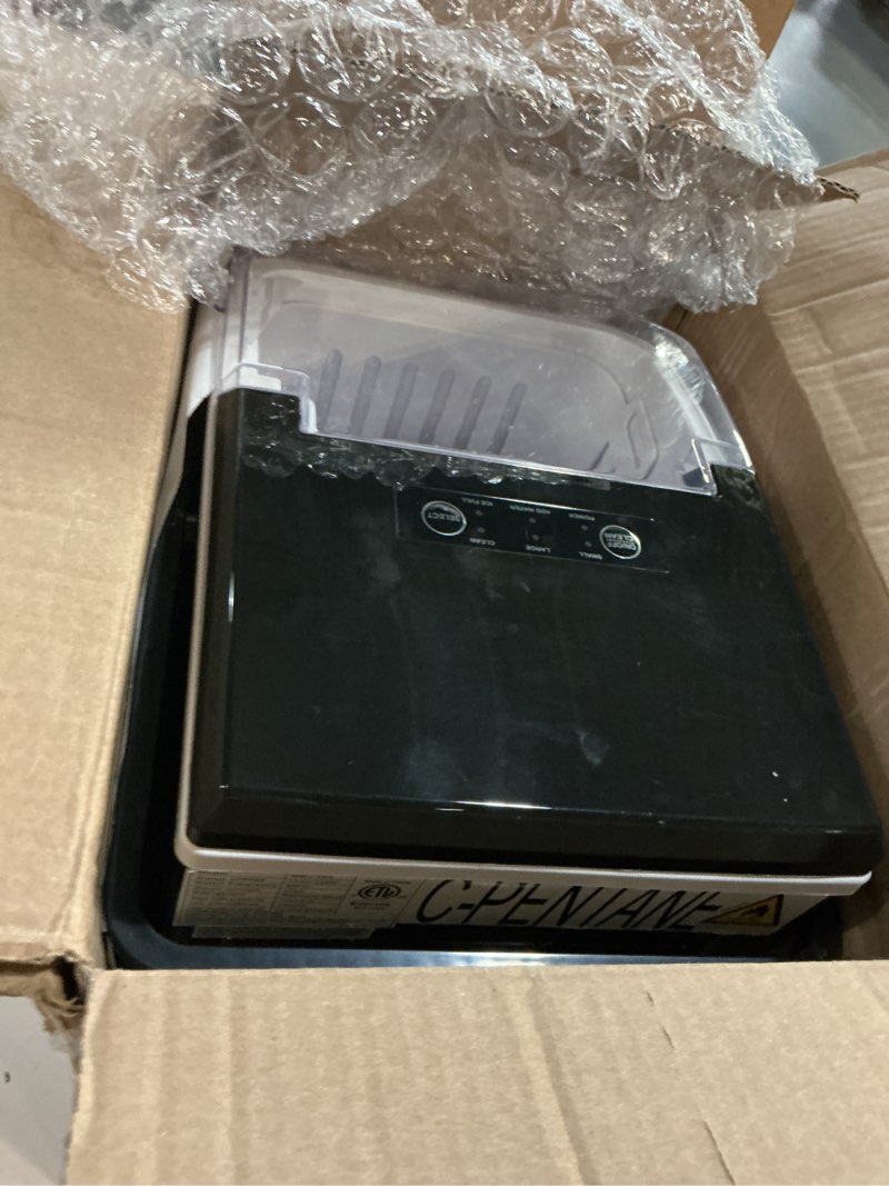 Condition photo showing As Is for ice makers countertop, portable ice machine with handle, 6 mins 9 bullet ice cubes with basket and scoop, 26lbs in 24hrs, auto-cleaning, for home, kitchen, rv, camping, black black 12.3"*11.5"*8.5"