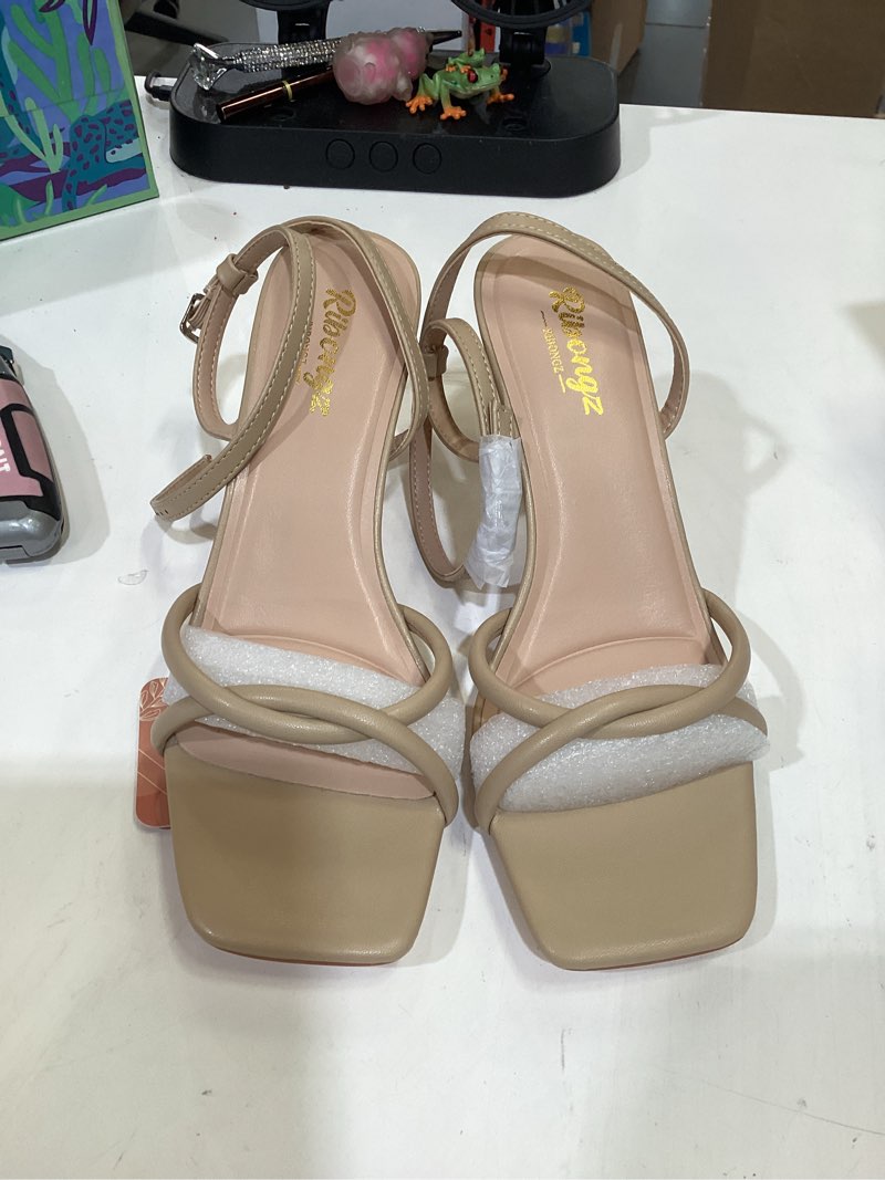 Condition photo showing Good Condition for ribongz women's heeled sandals square open toe kitten strappy heels with ankle strap elegant summer wedding party evening prom daily wear lace up dress shoes 6.5 nude