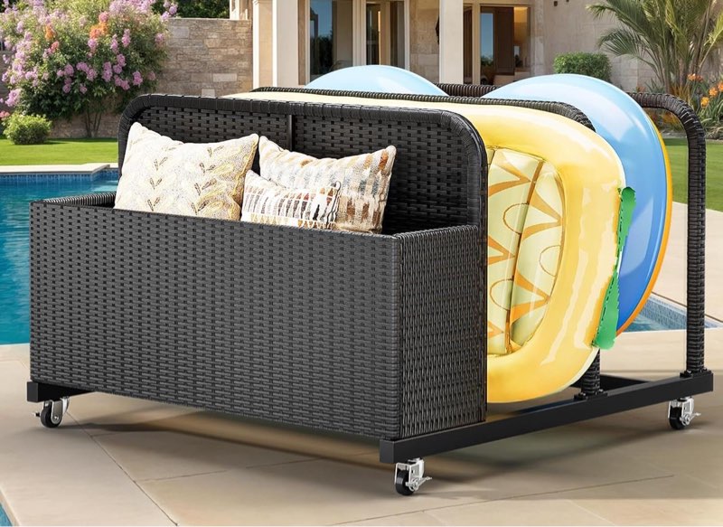 GOOBED Pool Storage, Wicker Pool Float Holder with Lockable Wheels,Pool Organizer for Cushions, Floaties, Noodles, Life Vests, Beach Balls, Toys, Patio Furniture (Black)
