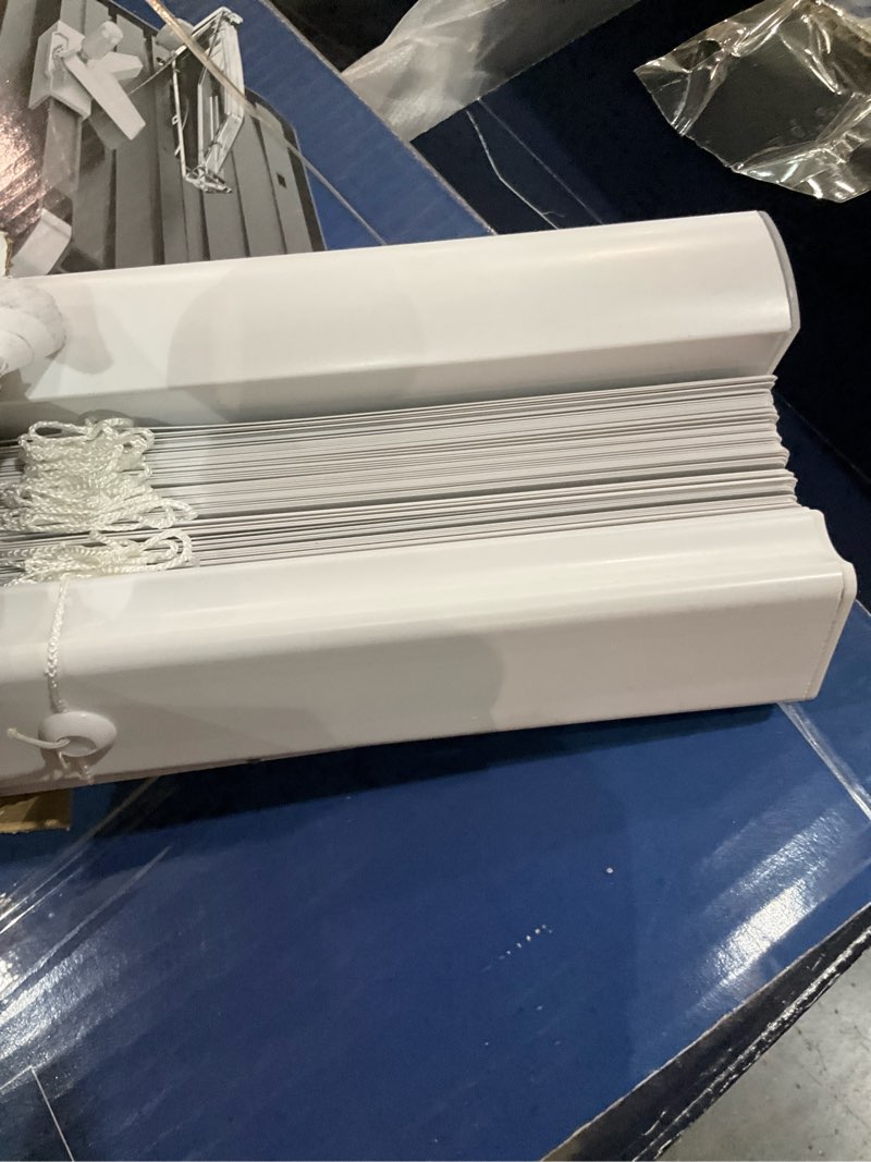 Condition photo showing As Is for project source 1-in slat width 27-in x 64-in cordless white vinyl light filtering mini blinds