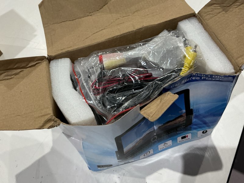 Condition photo showing Good Condition for 7“single din radio with apple carplay & android auto, uhd single din touchscreen car radio, car stereo with 1080p backup camera, mirror link, bluetooth 5.3, gps, am&fm, fast charging, eq, swc