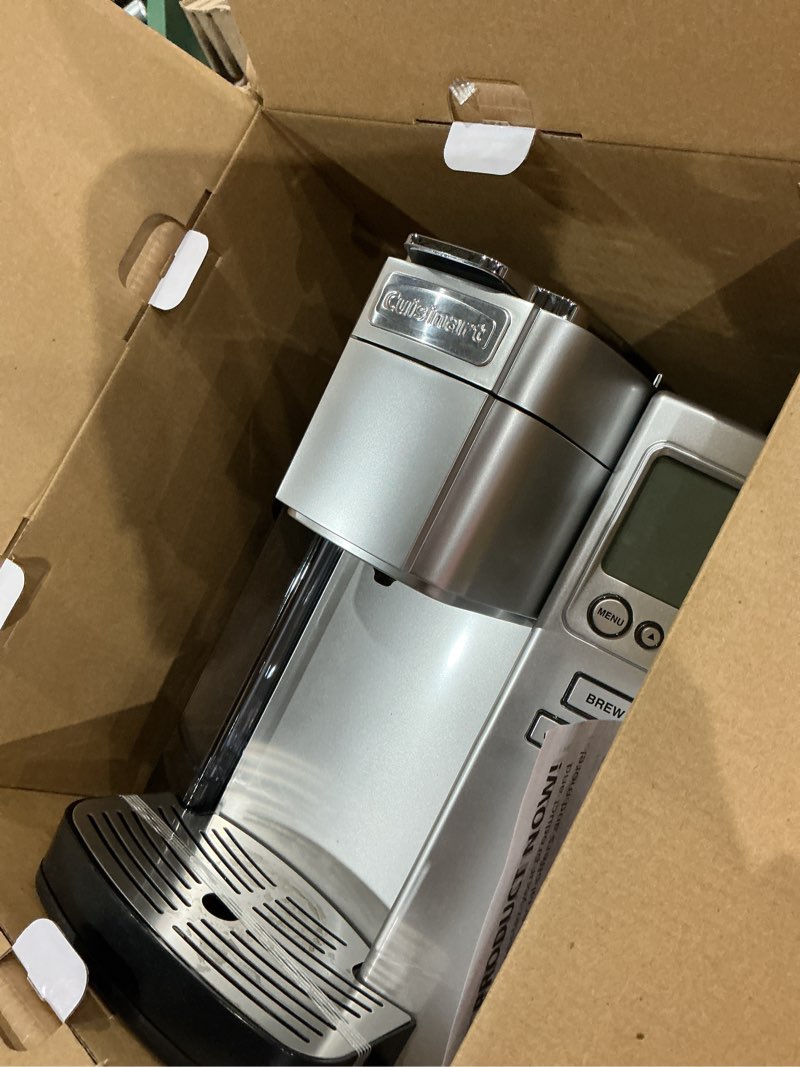 Condition photo showing As Is for cuisinart coffee maker, single serve 72-ounce reservoir pod coffee machine, programmable brewing & hot water dispenser, 3 cup-size settings, stainless steel, ss-10p1, silver