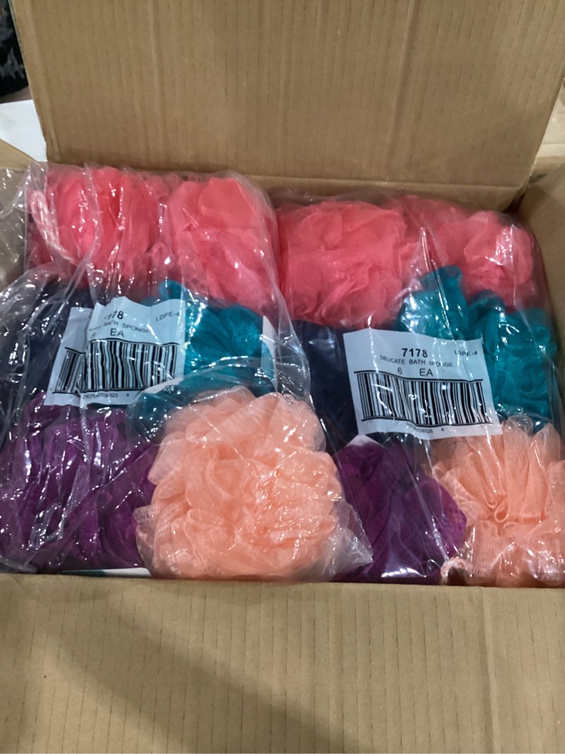 Condition photo showing New/Like New for freeman bath sponge, rich lather, gentle exfoliation, for a full body clean, shower loofah for men & women, safe for sensitive skin, cruelty-free bath accessory assorted colors, pack of 36