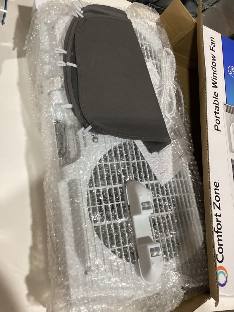 Condition photo showing Good Condition for comfort zone twin window fan with reversible airflow control, 9 inch, auto-locking expanders, 2 speed fan, dual fan, exhaust, airflow 9.84 ft/sec, ideal for home, kitchen, bedroom & office, cz319wt white 9"