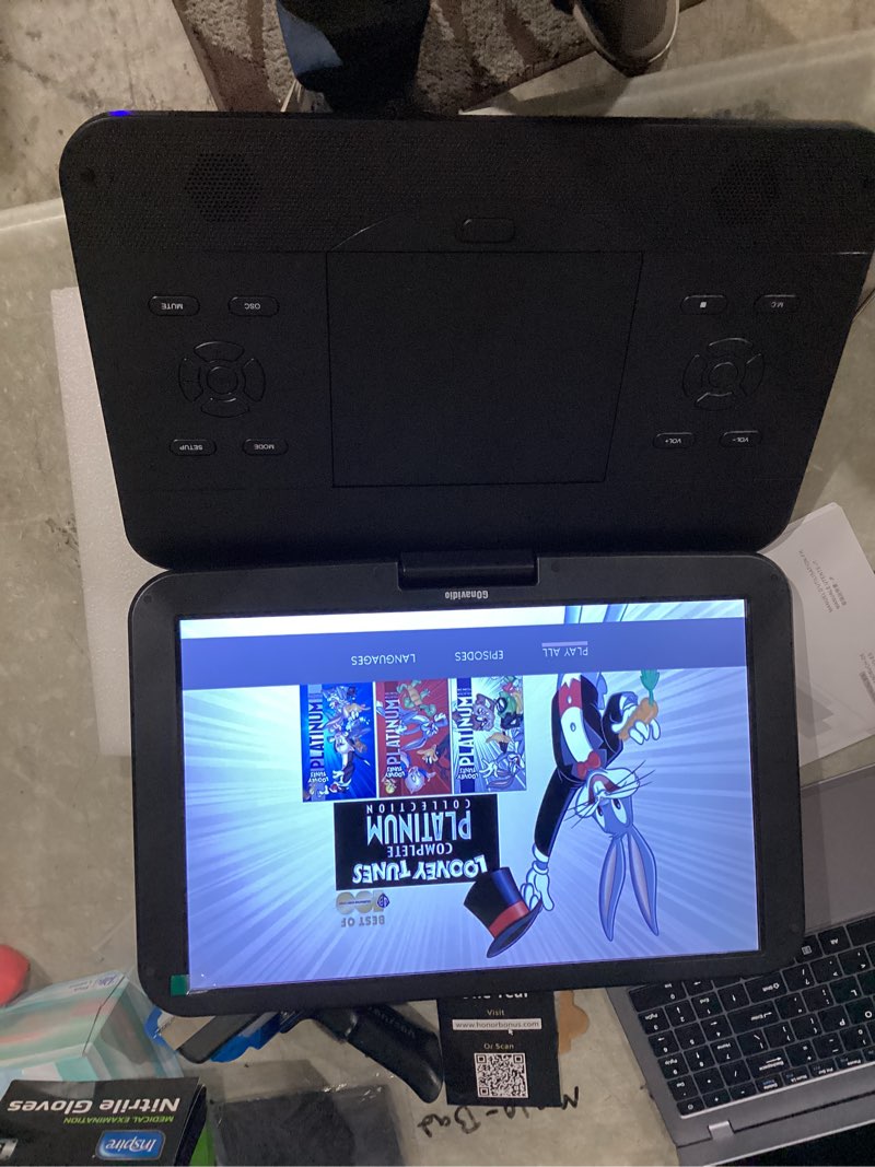 Condition photo showing Good Condition for 17.6" portable blu ray dvd player with 15.4" large screen, hdmi in/out, sync screen, 4000mah rechargeable battery, 1080p mp4 mkv video, surround audio, usb/tf card(include hdmi cable) 15.4 inches