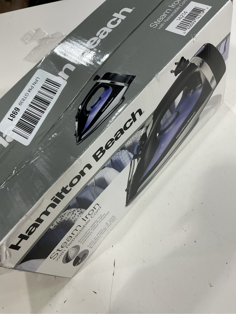 Condition photo showing Good Condition for hamilton beach steam iron for clothes & garment steamer with smooth press stainless steel soleplate, 1200 watts, 8’ retractable cord, black (14214)