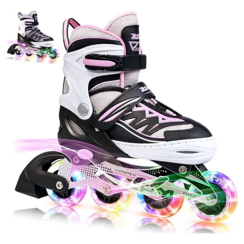 2pm sports cytia pink girls adjustable illuminating inline skates with light up wheels, fun flashing beginner roller skates for kids - pink medium(32/36 m
