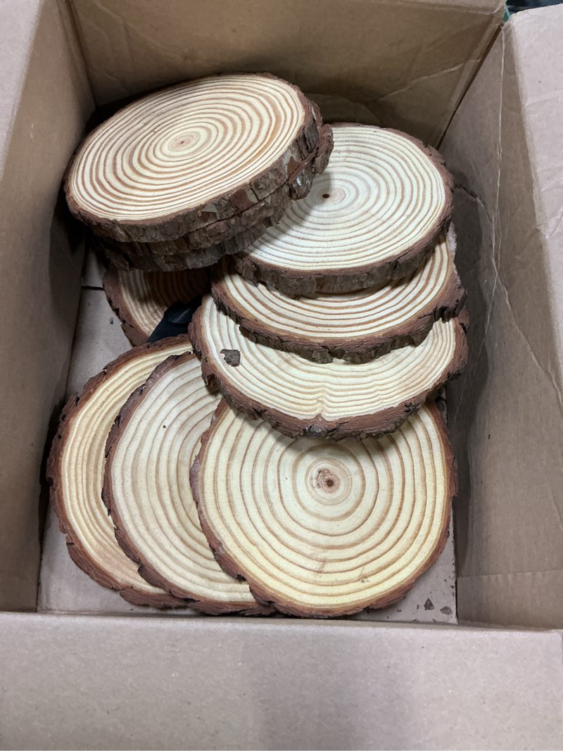 Condition photo showing Good Condition for set of 10 wood slices for centerpieces 7-8 inch, natural unfinished wood craft kits, tree slices with bark for diy crafts wedding christmas party decoration, wood centerpieces for tables 7-8in