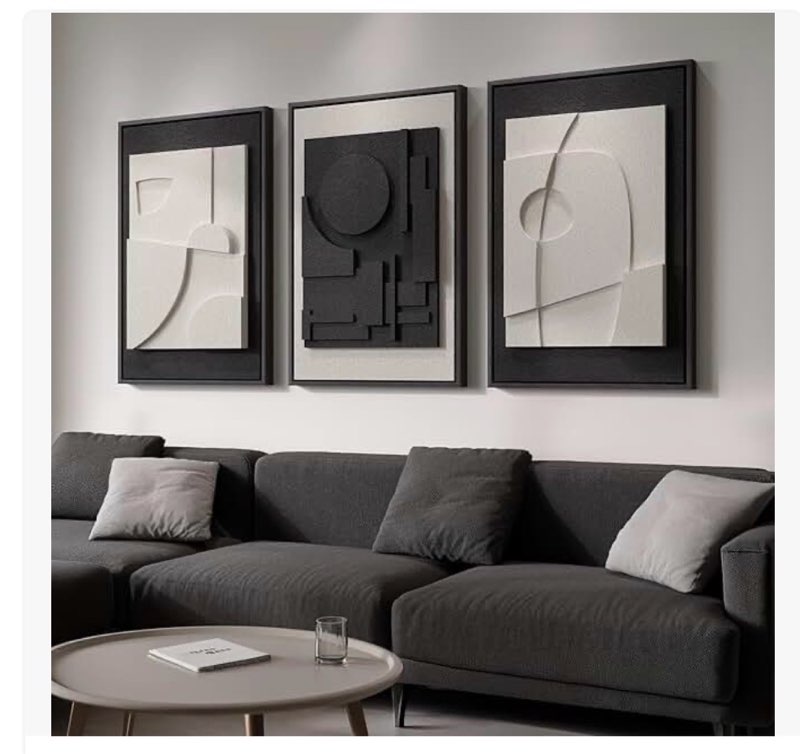 large 3d textured framed black and white abstract wall art for living room, 3 piece modern artwork f