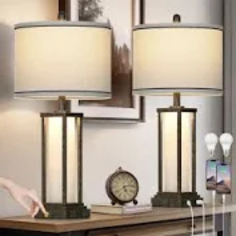 27” tall vintage usb table lamp set with nightlight, bulb included