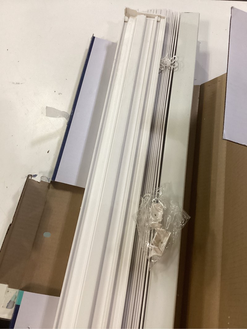Condition photo showing As Is for levolor trim+go 2.5-in slat width 36-in x 72-in cordless white faux wood room darkening horizontal blinds