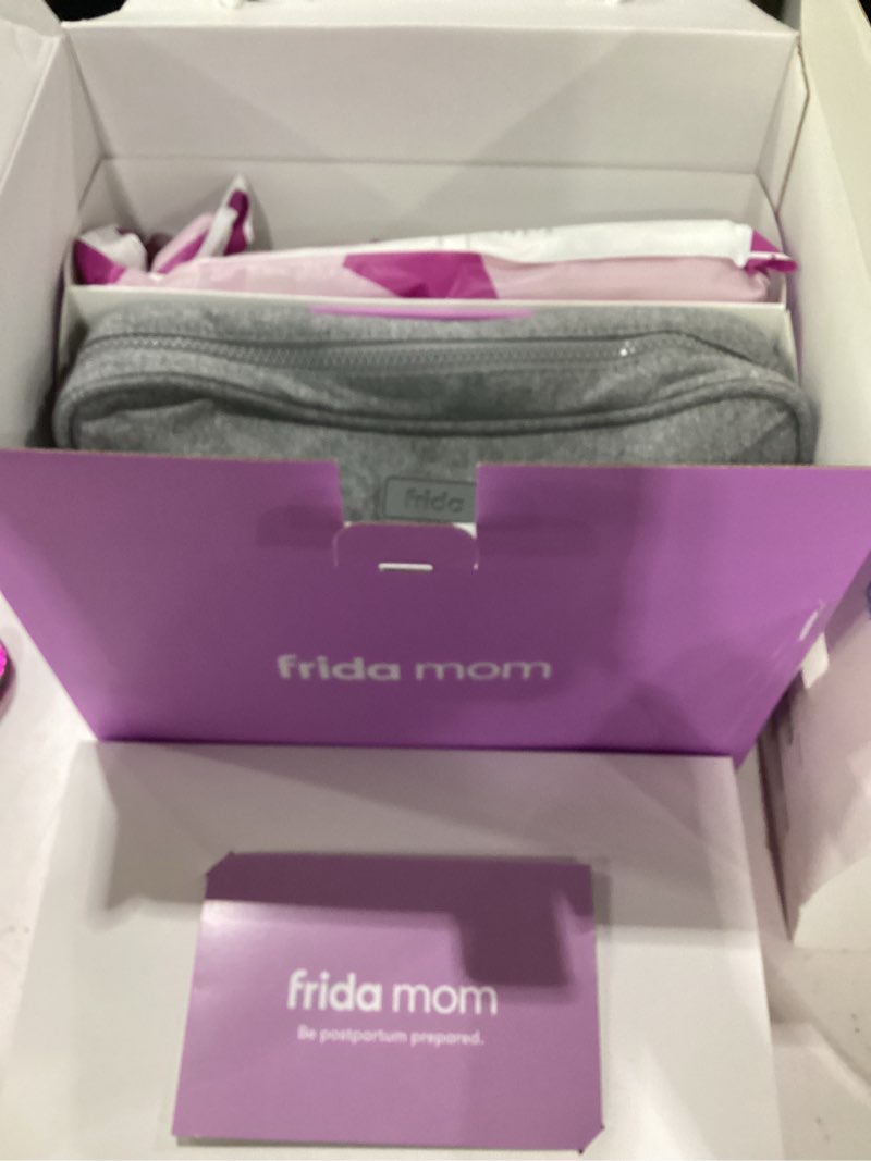 Condition photo showing As Is for frida mom 15pc labor & postpartum kit gift set for baby showers & mom to be, includes peri bottle, nursing gown, disposable underwear, ice maxi pads, pad liners, perineal foam, socks & toiletry bag