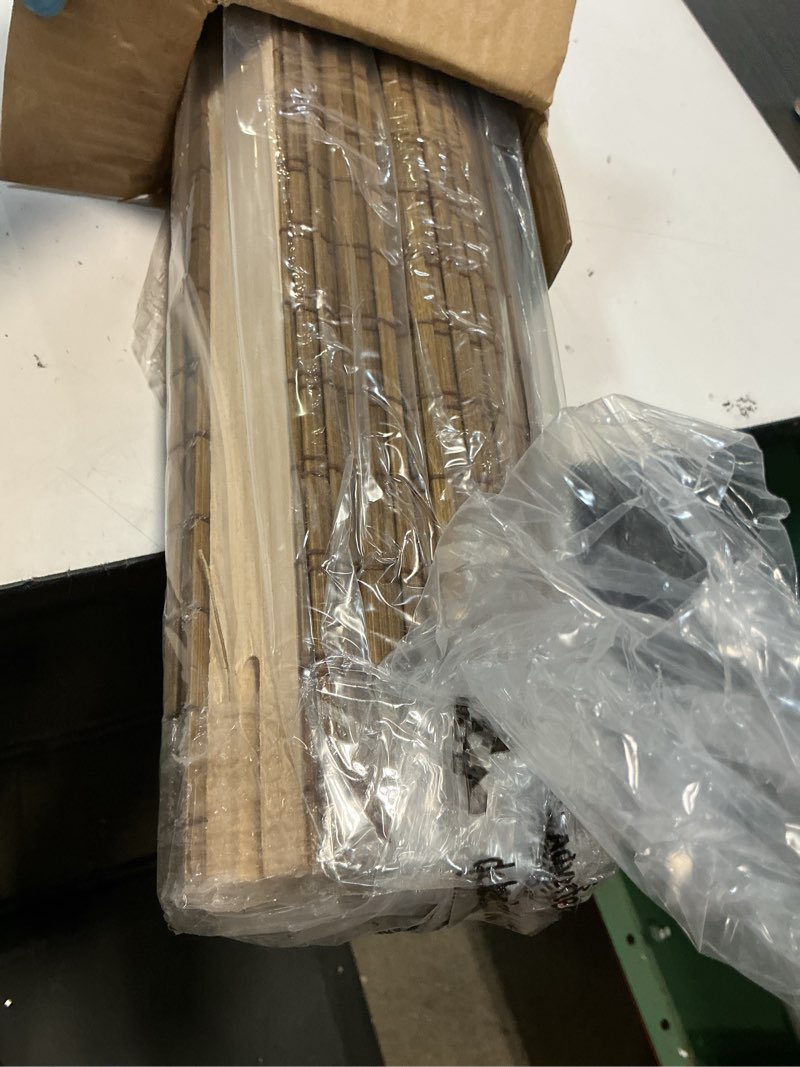 Condition photo showing Good Condition for lazblinds cordless bamboo roman shades, privacy blinds for interior windows, room darkening roll up bamboo blinds for home & patio, 34.5" w x 48" h, highfield teak pricacy - highfield teak 34.5" w x 48" h