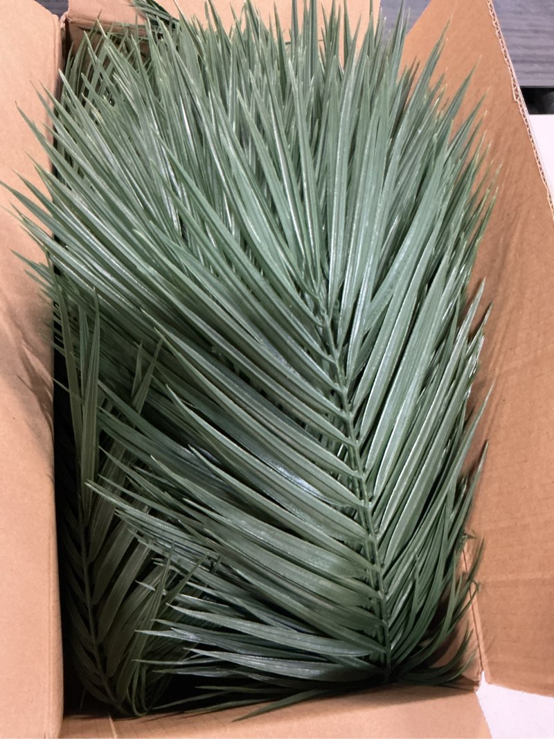 Condition photo showing Good Condition for jutom 100 pcs 25 inch artificial palm leaves decor large tropical faux plants plastic fronds fake palm branches tree leaves for sunday tree vase jungle beach party wedding decoration