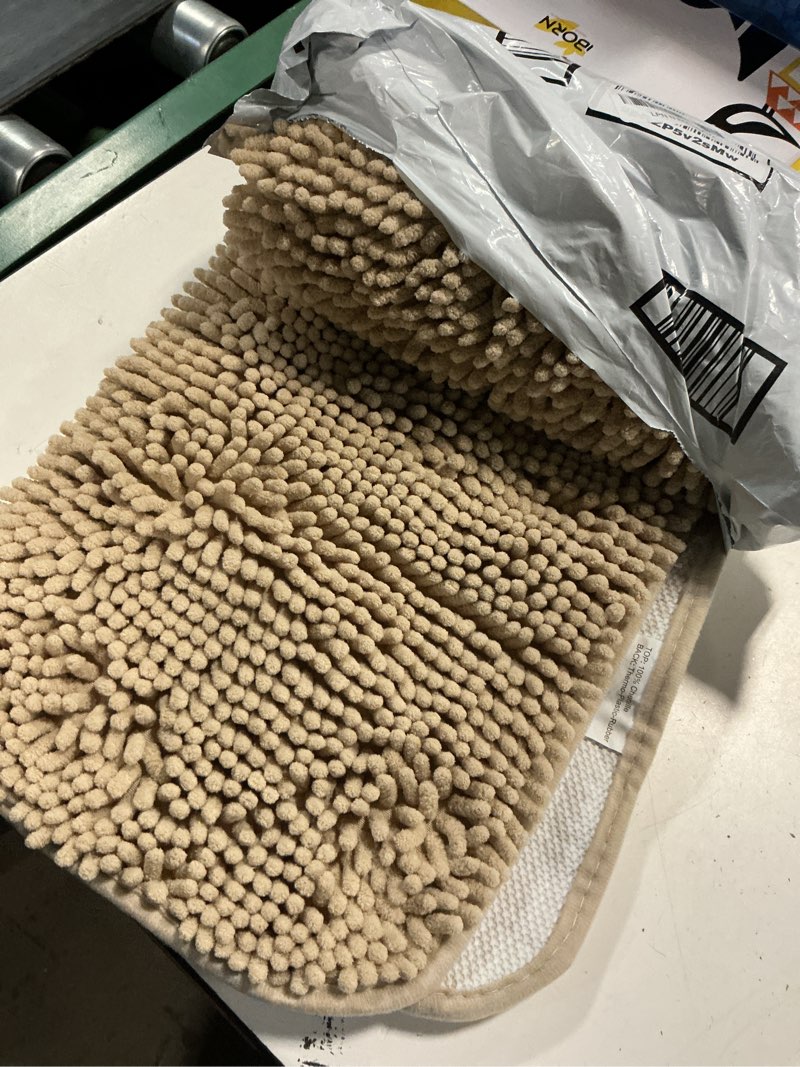 Condition photo showing Good Condition for olanly dog door mat for muddy paws 34x21, absorbs moisture and dirt, absorbent non-slip washable doormat, quick dry chenille mud mat for dogs, entry indoor entryway carpet for inside floor, beige beige solid 34" x 21"