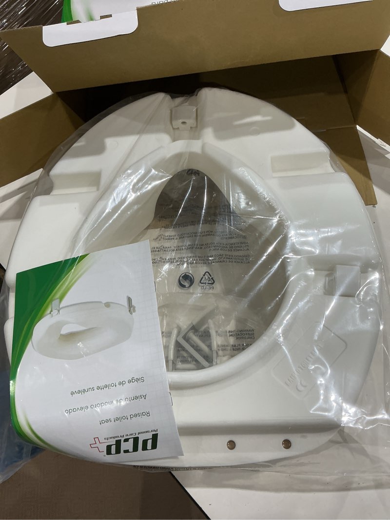Condition photo showing Good Condition for pcp 5\" elevated toilet seat, universal fit, tall profile rise height lift, tightening stability lock, portable bath safety commode support