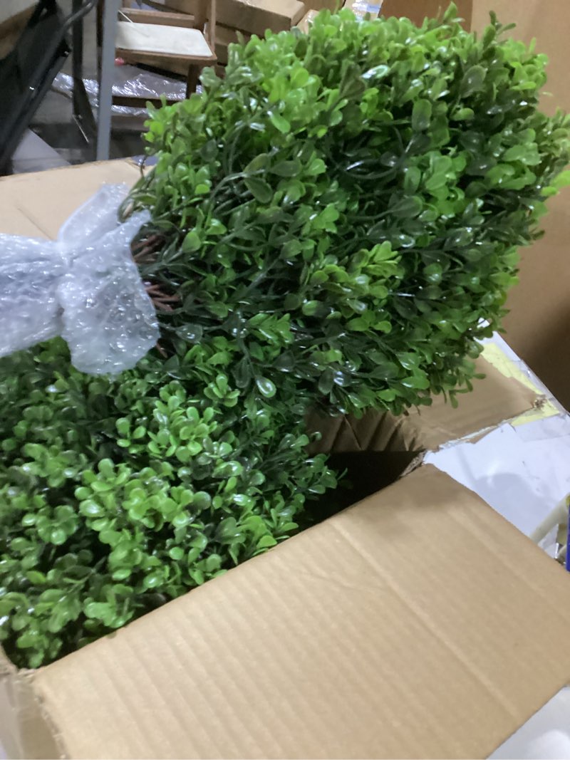 Condition photo showing Good Condition for similar to  24\" artificial boxwood topiary ball trees with ground spike (set of 2), uv resistant faux plants into anywhere, evergreen boxwood shrubs, for indoor outdoor front porch garden backyard decor