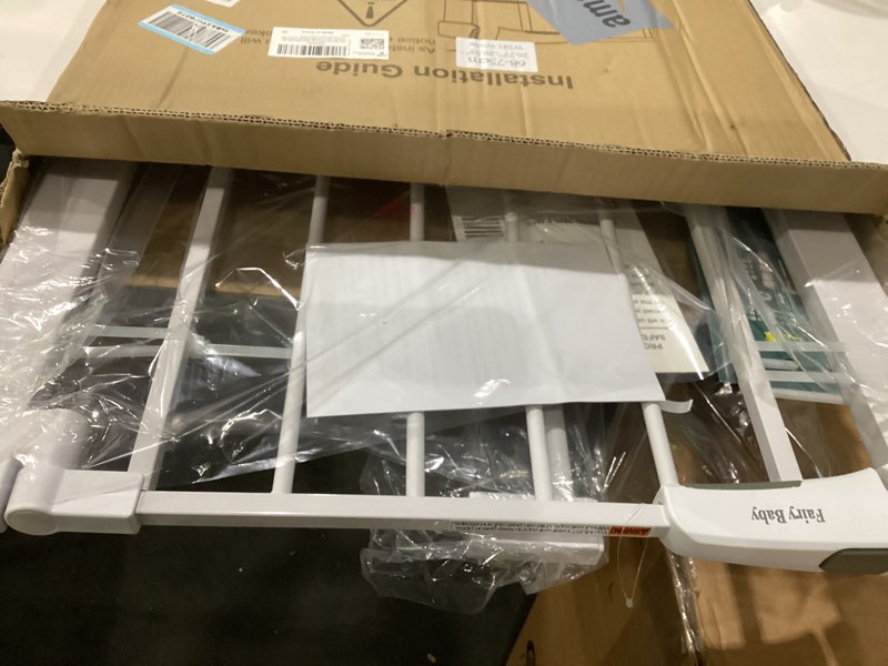 Condition photo showing As Is for fairy baby 24.5"-29.5" inch narrow baby gate, 38" extra tall small pet gate for doorways, metal safety child gate auto close, walk through dog gates pressure mounted indoor no drill, white white 24.5"-29.5"