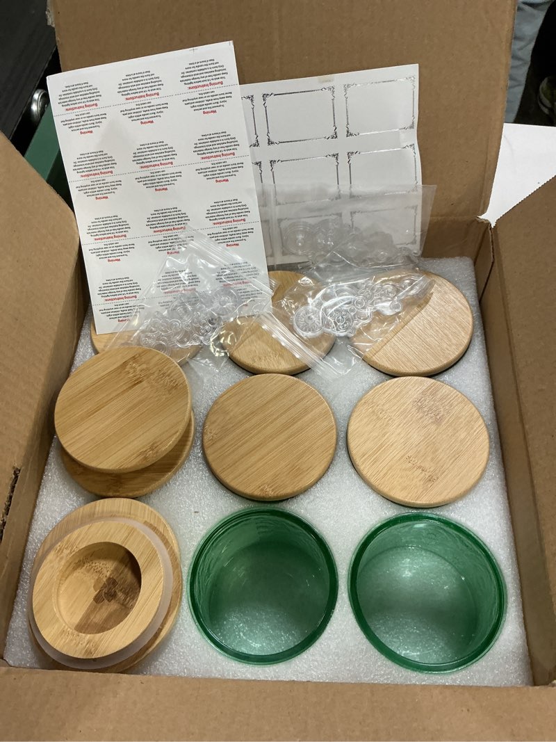 Condition photo showing Good Condition for 10 oz embossed glass candle container with bamboo lids and labels,green candle jars for making candles,mandala design - pack of 9