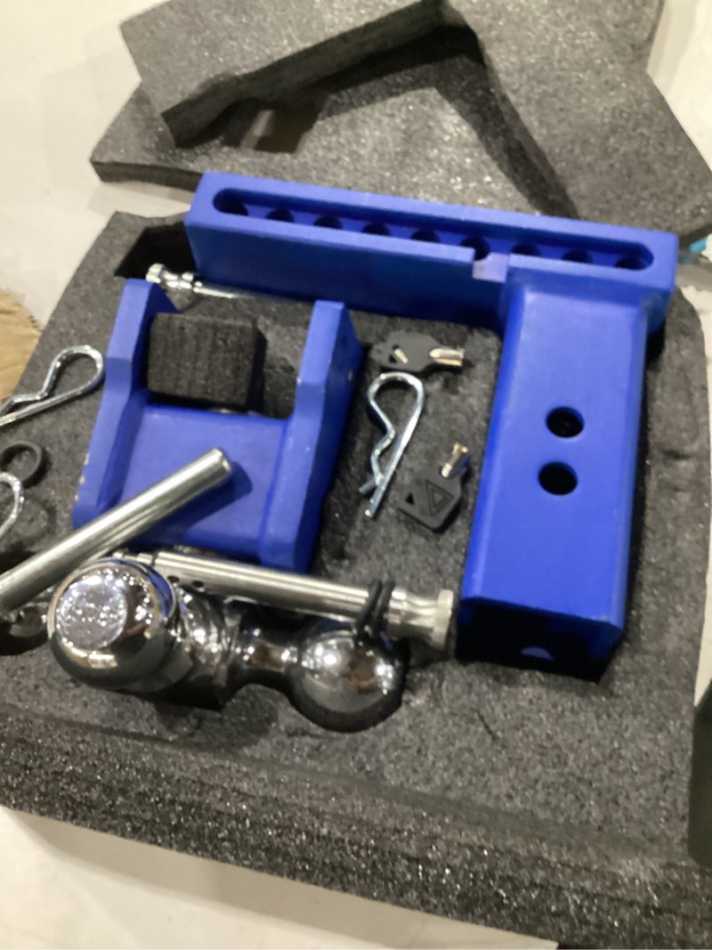 Condition photo showing Good Condition for metoware adjustable trailer hitch for 2.5 inch receiver, 6" drop/rise heavy duty aluminum tow hitch, 18,000 lbs gtw, dual ball (2" & 2-5/16"), double stainless steel locks & hitch pin (blue) blue 6''