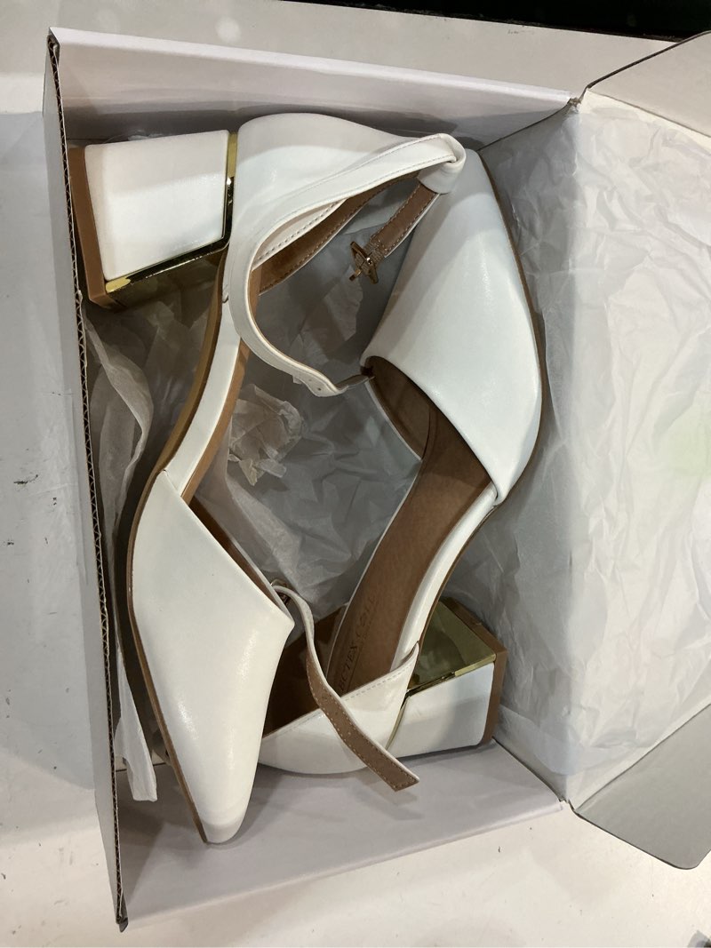 Condition photo showing Good Condition for bctex coll womens pointed toe pumps shoes ankle strap chunky low heels metal lined sandals designed for women 8.5 white leather