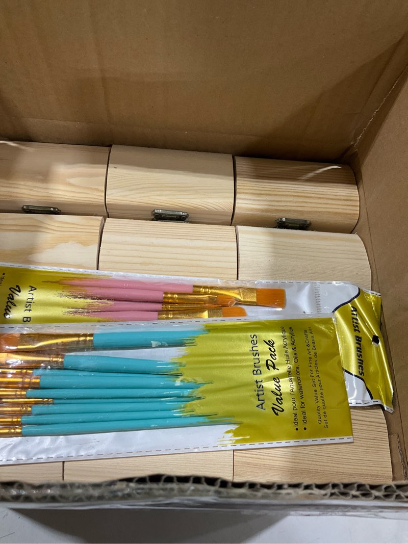 Condition photo showing Good Condition for oqqlin 36 pcs wooden boxes for crafts with 20 paintbrushes, 3.5 x 2.2 x 2 inch unfinished wooden tre