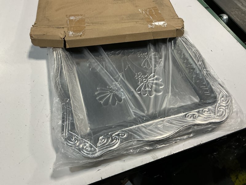 Condition photo showing Good Condition for 4 pack 21.6" x 14.6" large silver serving trays for dessert table stainless steel silver platters floral engraved mirror serving platters for wedding, desserts, party food display (classic)
