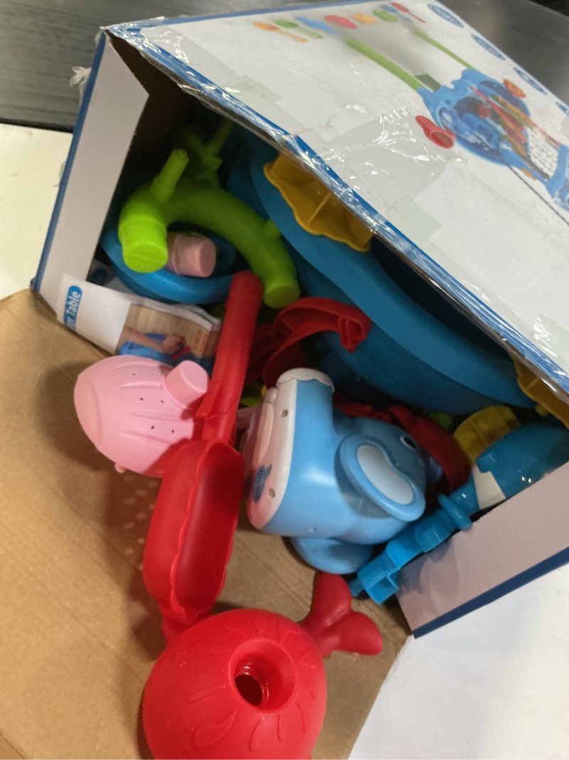 Condition photo showing As Is for water table for kids ages 4-8 with water pumb, summer outdoor sand water table for boys girls, kids water and sand activity sensory toys for toddlers age 3-8 3-tier elephant sand and water table