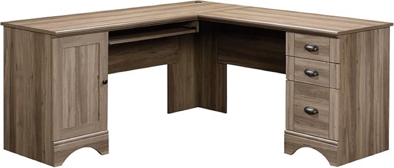 (Pick up 2 boxes)) Sauder Harbor View Computer Desk, 66.14\"D x 66.14\"W x 30.28\"H , Salt Oak finish