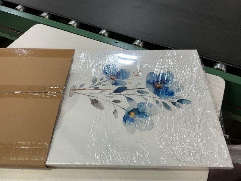 Condition photo showing Good Condition for Framed bathroom canvas wall art with blue flowers embellishing toilet paper; elegant floral bathroom decorative painting for living room and bedroom; gallery style; 16x24 inches; can be hung directly. blue flowers 16x24in