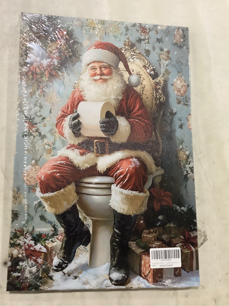 Condition photo showing New/Like New for Vintage Christmas Wall Art, Santa Claus Sitting on The Toilet Canvas Wall Art Prints for Winter Room Art Decor, Christmas Posters Decor, Holiday Decoration Gifts for Bedroom Wooden Frame 12x18 inch Color1-Framed 18"L x 12"W