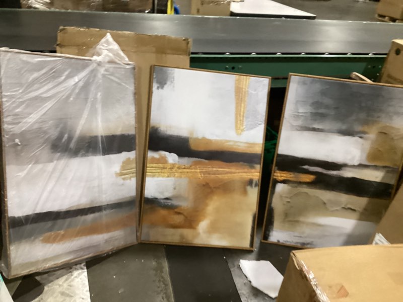 Condition photo showing Good Condition for ••similar to••modern abstract wall art set of 3 black gold neutral triptych canvas painting, textured hand applied paint contemporary framed artwork 16x24, minimalist gallery living room bedroom office decor innovative brilliance framed 16\"x24\"x3pcs