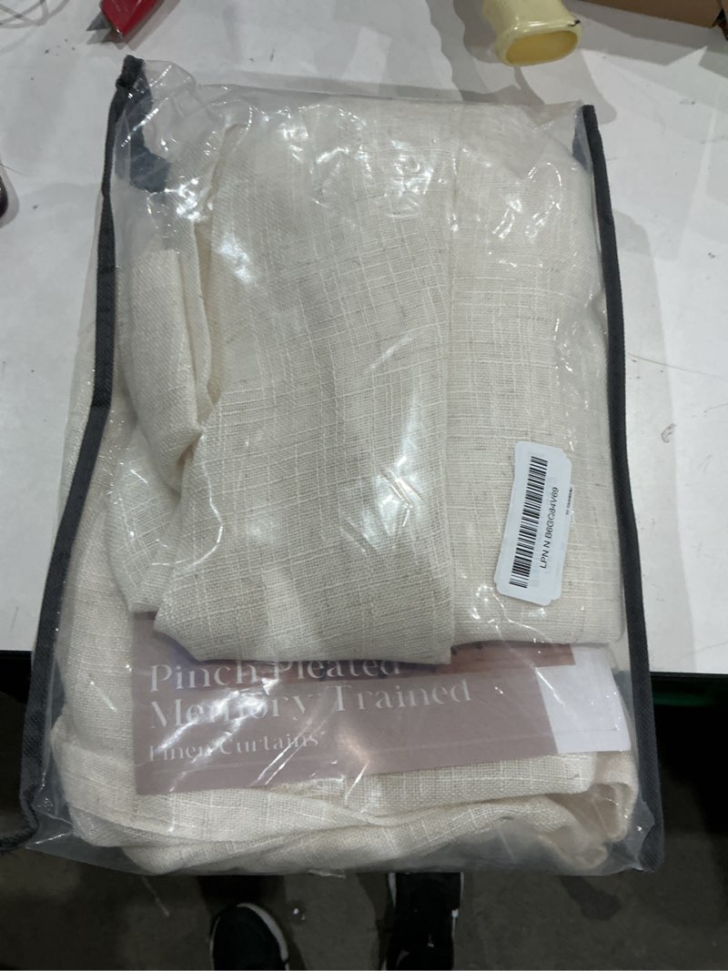 Condition photo showing As Is for flax linen curtains pinch pleated 84 inch length 2 panels for living room bedroom burlywood birch semi sheer rustic farmhouse back tab pinch pleat hooks rings window curtain 84 inches long taupe burlywood birch 40"w x 84"l (pack of 2)