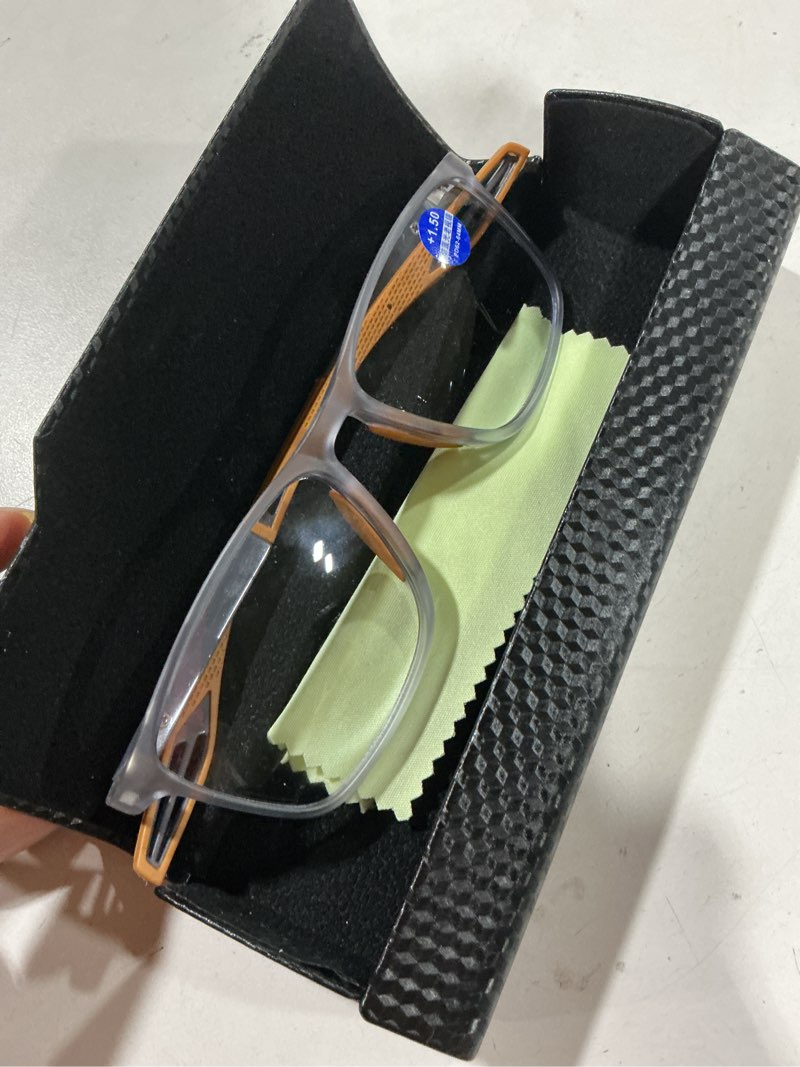 Condition photo showing Good Condition for multifocal progressive transition photochromic reading glasses blue light blocking multifocus readers spring hinge orange 1.5 x